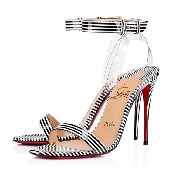 Christian Louboutin Jonatina 100 Black White Stripes Patent Sandal Heel Pump 37 - Picture 1 of 12